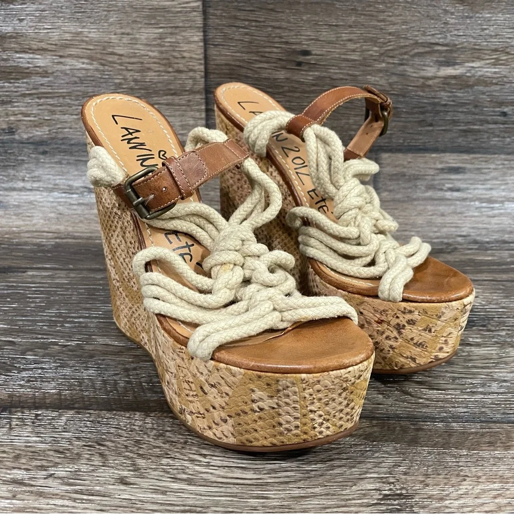 Lanvin 2012 Ete Sandals Rope Snake Print Cork Platform‎ Wedge Open Toe Brown 37